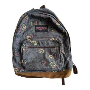 Jansport Originals Backpack Blue Pink Floral Denim School Suede Bottom TZR6